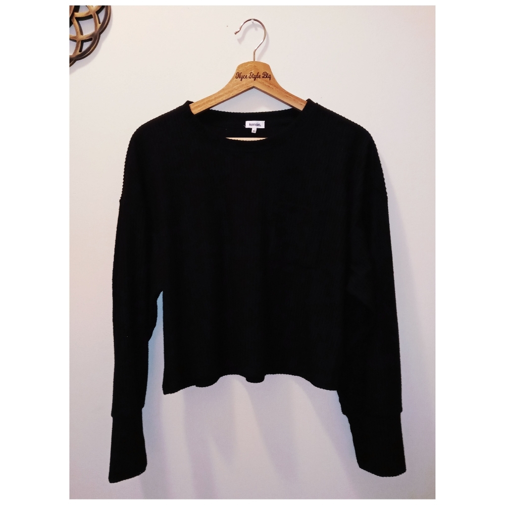 Kensie‎ Reflection Ribbed Crew Neck Long Sleeve Black Top XL NWOT